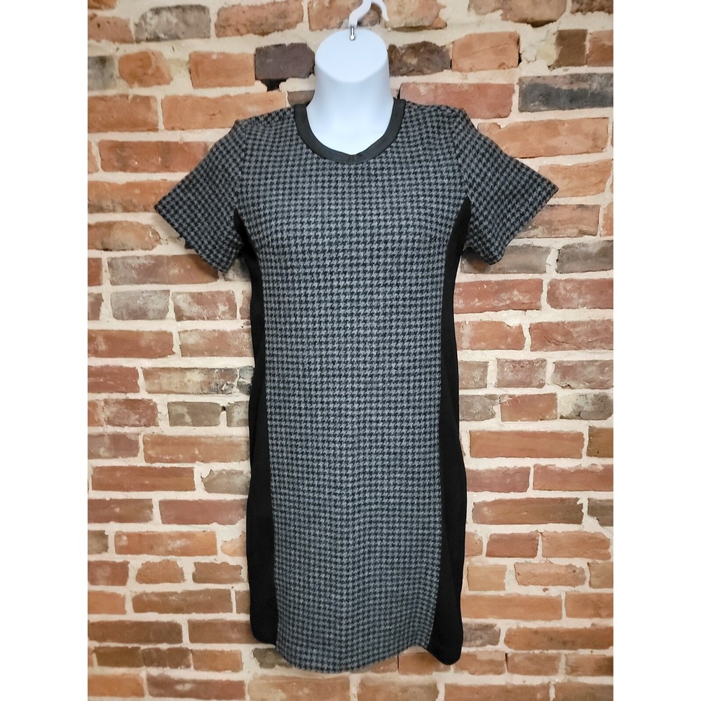 J.CREW Shift Dress Womens 8T‎ Black Gray Houndstooth Wool Leather Trim Back Zip